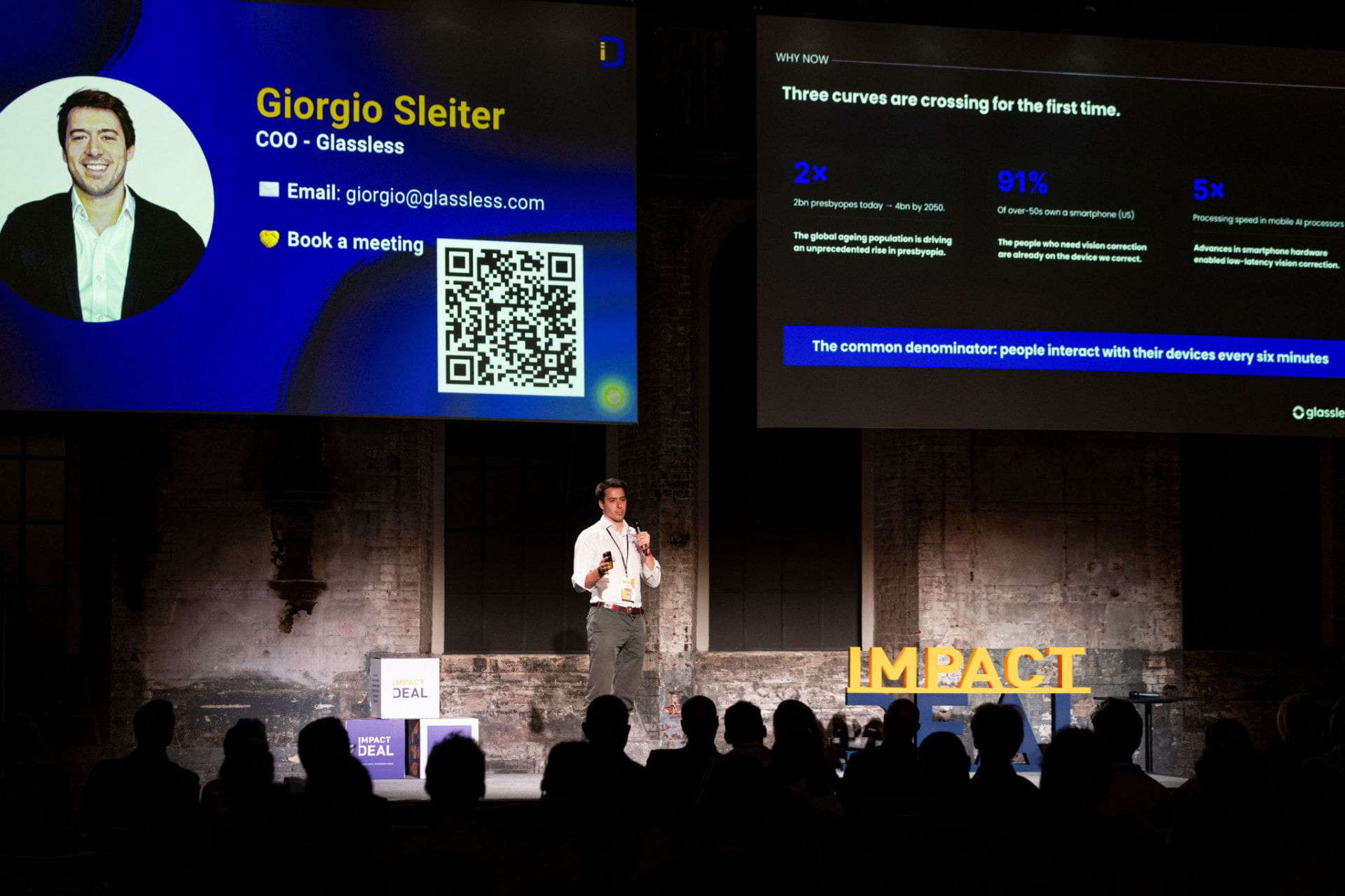 Giorgio Sleiter, Co-Founder and COO of Glassless, pitching on stage at the Impact Deal Demo Day at OGR Torino